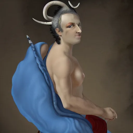 Prompt: digital painting of a satyr woman with horns, dark skin tone, short white hair, wearing blue clothes and a blue robe