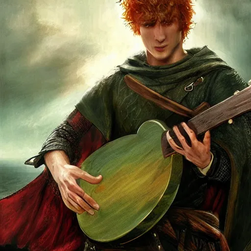 Image similar to kvothe playing his lute serenading the sunset, huntsman, medieval, green cape, by Aleksi Briclot