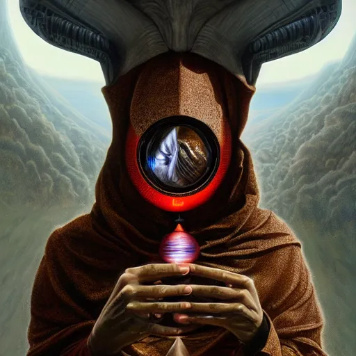 Image similar to masked nomad male wearing a cloak on an alien world and holding a holographic planet projection in his hand, detailed, sci - fi, digital painting, artstation, sharp focus, illustration, ominous, artgerm, tomasz alen kopera, peter mohrbacher, donato giancola, joseph christian leyendecker, wlop, frank frazetta