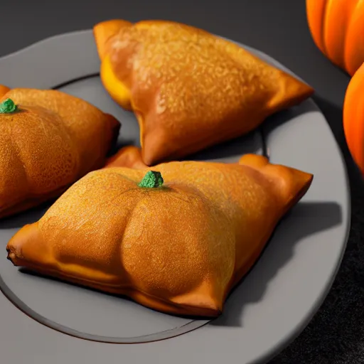 Image similar to concept art full isometric view of a plate with three delicious pumpkin turnovers with glazing in the style of pixar, octane render, blender, arstation