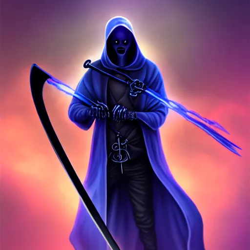 Prompt: grim reaper with a blue glowing scythe, digital art, digital painting, 4 k, hd, artstation, devian art, highly detailed