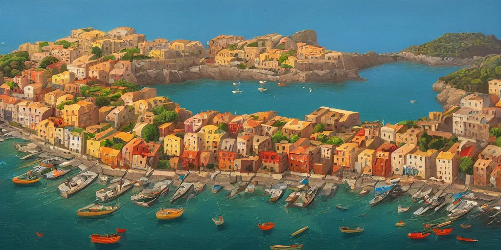 Image similar to An oil painting of a beautiful Mediterranean fishing village by Michiel Schrijver, aerial view