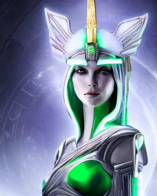 Image similar to perfect white haired attractive egyptian goddess with green eyes, warframe armor, pharaoh headdress, beautiful, symmetric, dreamy, half asian, pretty face, charlize theron, detailed, scifi platform, laboratory, experiment, 4 k, ultra realistic, epic lighting, android body, illuminated, cinematic, masterpiece, art by akihito tsukushi, voidstar