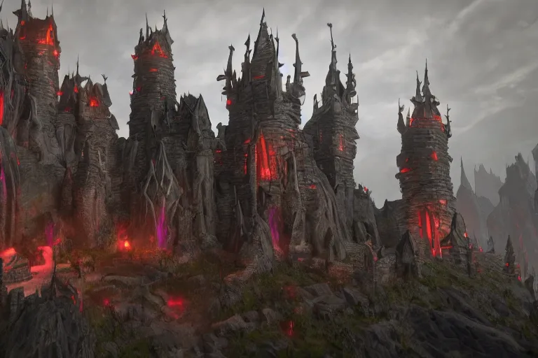 Image similar to big evil castle - city rock dark shadow elves, might and magic heroes vii, dark fantasy, shadows, artstation trending, unreal engine 5, red