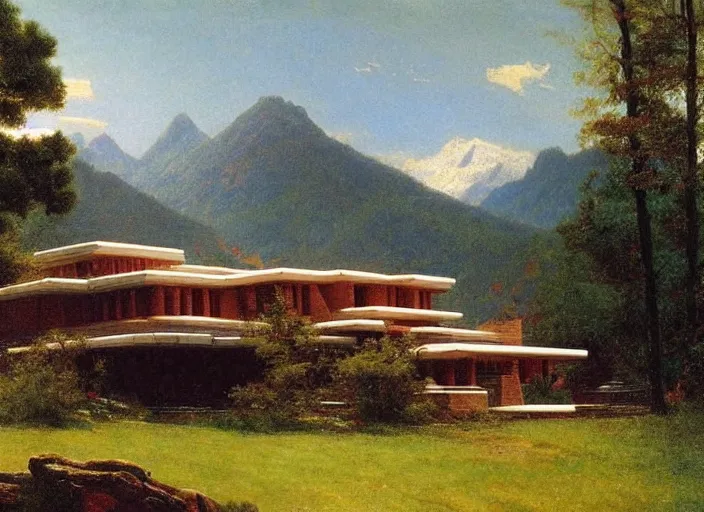 Prompt: painting of a frank lloyd wright house in front of beautiful mountains by albert bierstadt