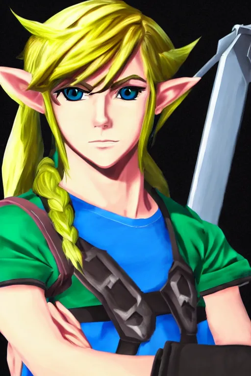 Prompt: an in game portrait of link from persona, persona art style.