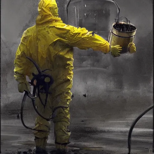 Prompt: a painting of a man in a yellow bio hazard suit holding a bucket and looking at monster spider, poster art by jakub rozalski, trending on artstation, nuclear art, apocalypse art, dystopian art, poster art