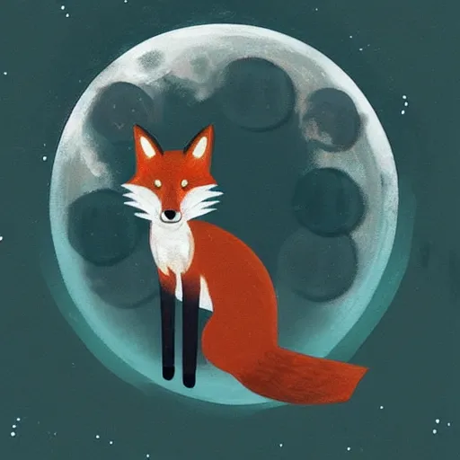 Image similar to “a fox sitting in the woods, looking up at the night sky. The moon shines brightly. digital art, painting, highly detailed”