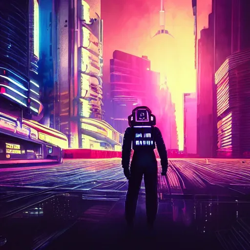 Image similar to professional photo of astronaut from front standing very close to camera from low angle shot, cyberpunk city on background, synthwave, blade runner, hyperrealistic masterpiece, trending on artstation, cgsociety, kodakchrome, golden ratio, cinematic, composition, beautiful lighting, hyper detailed, sharp focus, octane render, 4 k, unreal engine