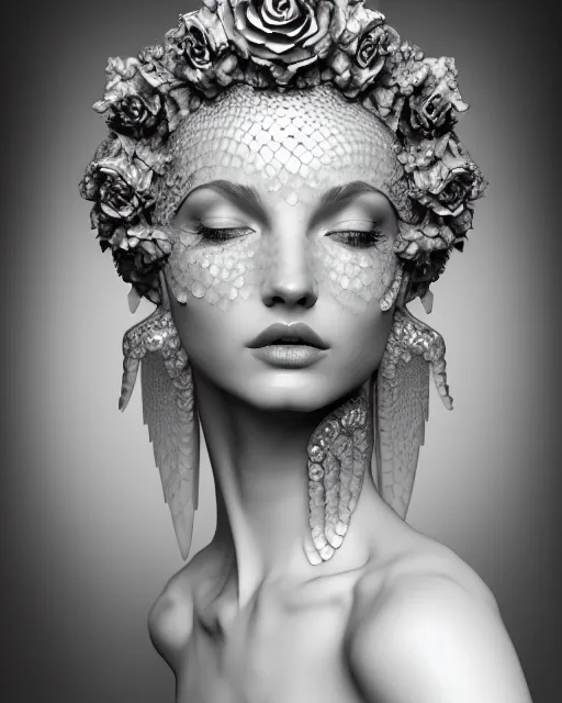 Image similar to mythical dreamy black and white profile face portrait of translucent beautiful female angelic - human - queen - vegetal - cyborg, highly detailed, intricate crystal ivy jelly ornate, poetic, translucent roses ornate, 3 d render, digital art, octane render, 8 k artistic photography, photo - realistic, by dora maar