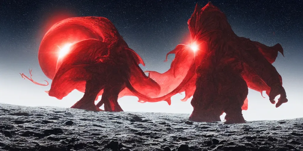 Prompt: giant <Cthulhu> silhouetted on lunar surface attacking <red spaceship>, photorealistic, wide-angle, long shot, epic, space, lunar backdrop