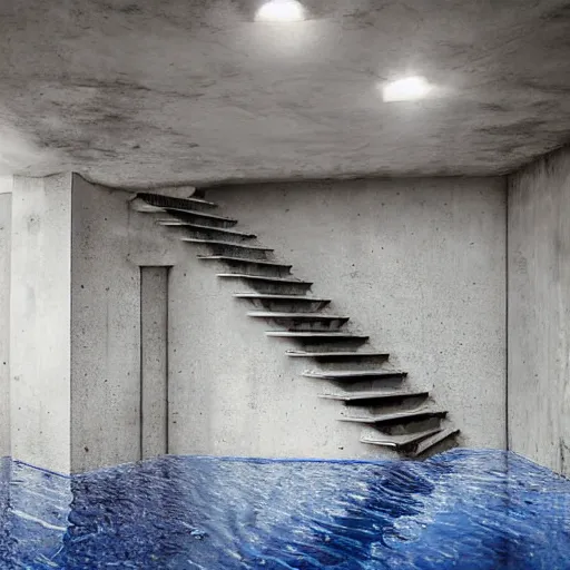 Prompt: dingy abandoned concrete room, triangular room, gray, museum, concrete staircase leading down, staircase flooded with water to create a moon pool, Photograph.