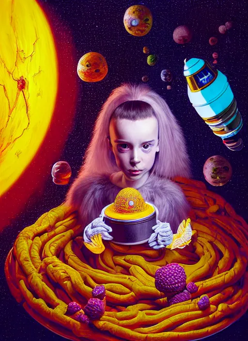 Image similar to hyper detailed 3d render of like a chiaroscuro oil painting - kawaii portrait inside spaceship (an astronaut queen with advanced suit like a robot skeksis from dark crystal that looks like millie bobby brown and Krysten Ritter) seen Eating of the Strangling network of yellowcake aerochrome and milky Fruit and His delicate Hands hold of gossamer polyp cenobite bring iridescent fungal flowers whose spores black the foolish stars by Jacek Yerka, Ilya Kuvshinov, Mariusz Lewandowski, Houdini algorithmic generative render, Abstract brush strokes, Masterpiece, Edward Hopper and James Gilleard, Zdzislaw Beksinski, Mark Ryden, Wolfgang Lettl, hints of Yayoi Kasuma, octane render, 8k