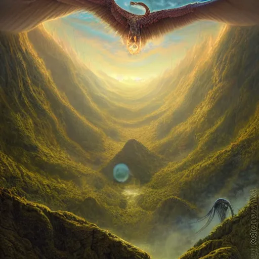 Prompt: of an impossible landscape with a infinite multi dimension portal, a beautiful ultradetailed matte painting of Quetzalcoatl flying over a lush mountain range at dusk by tomasz alen kopera and Justin Gerard and Dan Mumford, tarot card, dazzling energy, ultra wide angle shot, high angle shot, intricate, fractal magic, rays of god, hyperdetailed, micro details, volumetric lighting, 8k, ray tracing, polarized lens