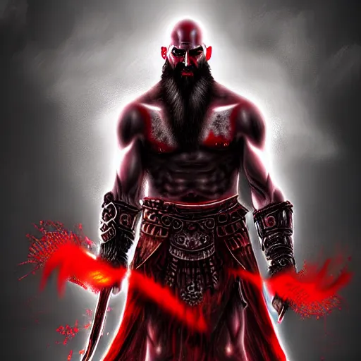 Image similar to epic chthonic ancient warrior Kratos black veins red demonic eyes, red smoke on the background by Boris Valejio, high detailed digital art