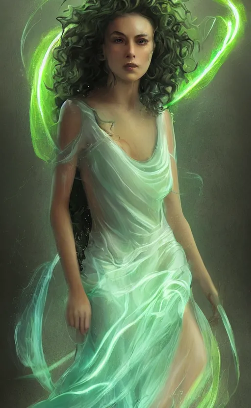 Image similar to a young woman with wild, curly hair and bright green eyes. she's wearing a flowing dress made of light, airy fabric and she has a mischievous look on her face, dynamic lighting, photorealistic fantasy concept art, trending on art station, stunning visuals, creative, cinematic, ultra detailed