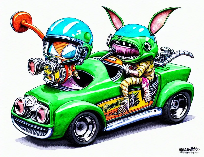 Image similar to cute and funny, gremlin wearing a helmet riding in a hot rod with oversize engine, ratfink style by ed roth, centered award winning watercolor pen illustration, isometric illustration by chihiro iwasaki, edited by range murata, tiny details by artgerm and watercolor girl, symmetrically isometrically centered