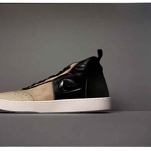 Image similar to a studio photoshoot of A Nike sneaker designed by Errolson Hugh, leather and suede, Acronym, realistic, color film photography by Tlyer Mitchell, 35 mm, graflex