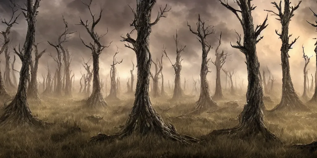 Image similar to dead forest of windswept windswept windswept trees (no soil), high quality fantasy art, 4k