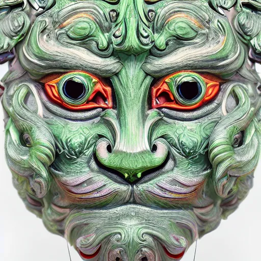 Prompt: colourful highly detailed ornate decorative green man as a cat face 3 d sculplture by walter crane and william morris, closeup, twisting leaves, flowing lines, abstract psychedelic, 8 k, artstation