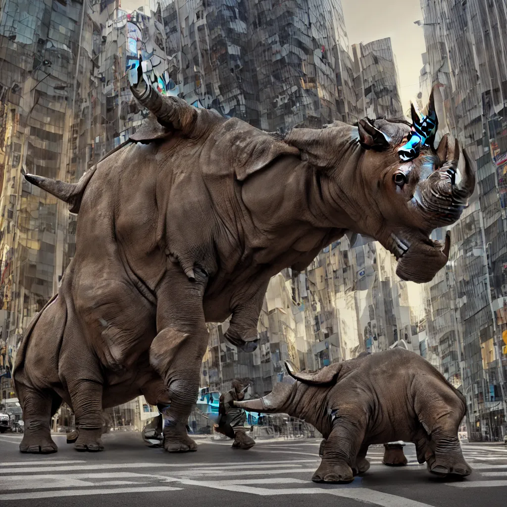 Image similar to a mechanical rhinoceros charging down a city street in Tokyo, ornamental,photorealistic, wide angle, cinematic atmosphere, elaborate, highly detailed, ornate, shiny, dramatic lighting, octane render, style by John Salt,