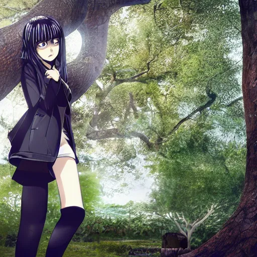 Image similar to 1 7 - year - old pale - skinned persian girl with black long bob cut, long bangs, black gothic jacket, black jeans, psychic girl, standing under treehouse in city plaza, urban plaza, treehouse hotel, large tree, ultra - realistic, sharp details, subsurface scattering, blue sunshine, intricate details, hd anime, 2 0 1 9 anime