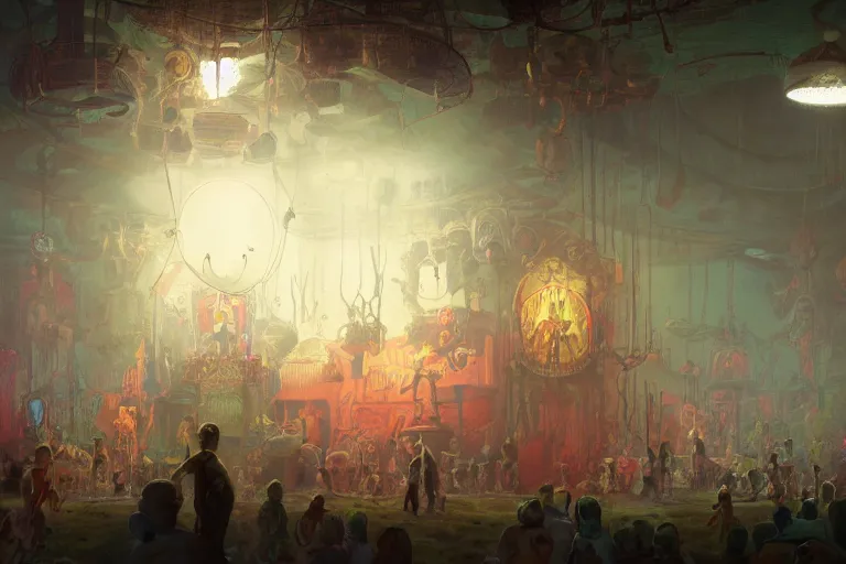 Image similar to skull clown inside a circus, illustrated by Simon Stålenhag and Gaston Bussiere, 35mm lens, rule of third, beautiful volumetric-lighting-style atmosphere, intricate, ultra detailed, photorealistic imagery, trending on artstation, 4k, 8k