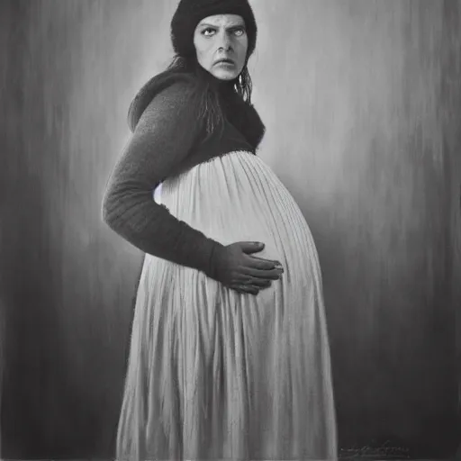 Image similar to Full-length portrait of a pregnant woman in besieged Leningrad, dramatic art by Irina French, 8k, hyperrealism, sharp focused