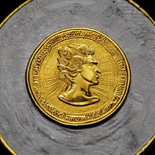 Image similar to close up photo of a gold coin, high detail, complex