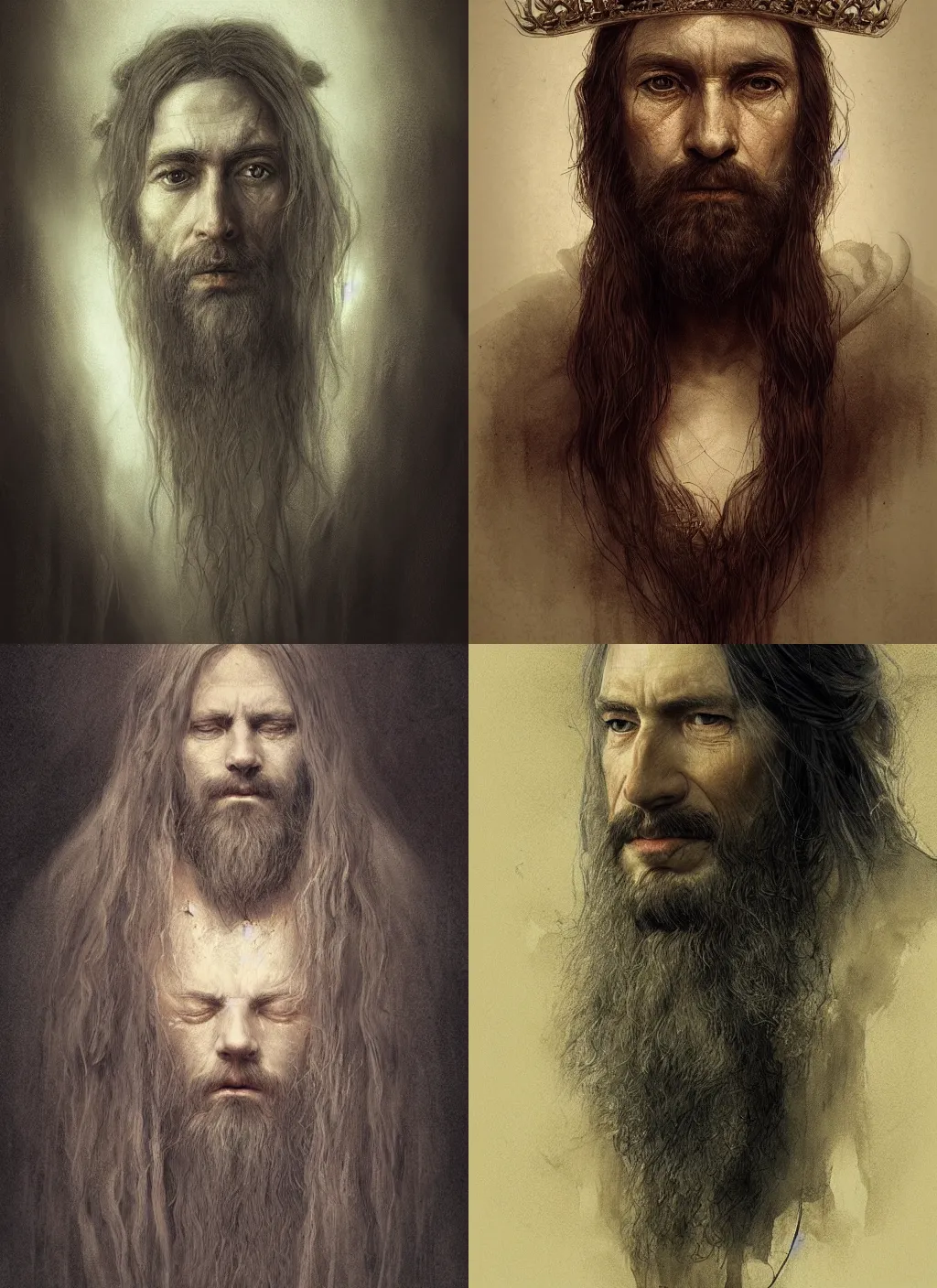 Image similar to portrait of a gentle and wise king with long hairs in alan lee and marc simonetti and emil melmoth style , cinematic lighting