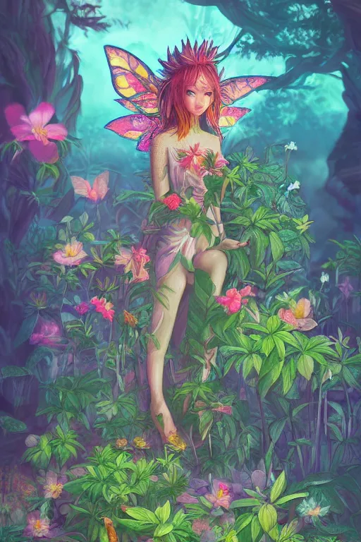 Image similar to book cover | plant fairy | digital painting | vivid colors | cinematic atmosphere | hyper detailed | yutaka kagaya