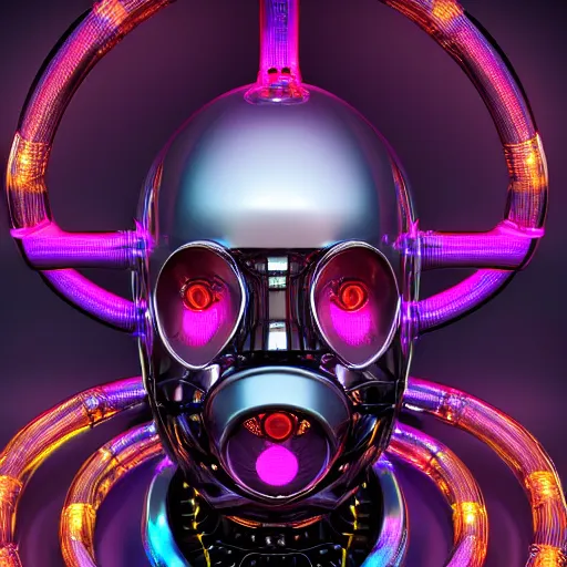 Prompt: portrait photo of a silver and purple glossy metallic futuristic steampunk robot head with multicolored glowing gears and tubes and cables, crisp, fluorescent colors, insanely detailed, 3 d render, unreal engine