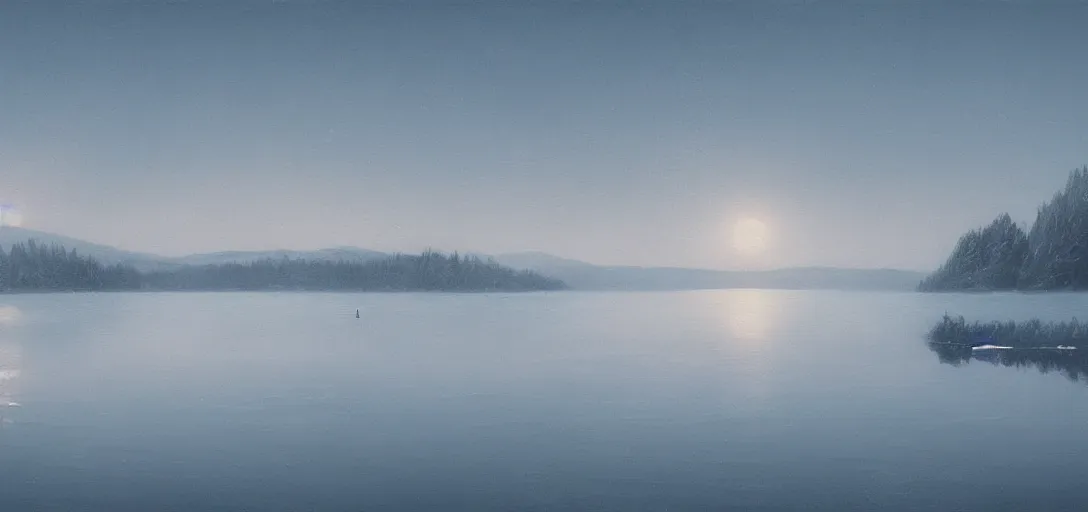 Image similar to lake in a totally white place with a moon in style of greg rutkowski