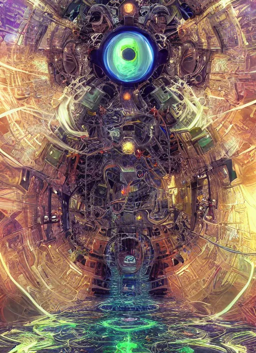 Prompt: a machine god in the machine universe encounters a living being organic cosmos inside an asymmetric orthogonal non - euclidean upside down inside out world with an infinite cosmic spiral waterfall of living information, inspired by android jones and blake foster, hyperrealistic, extreme detail, digital art, concept art, rendered in cinema 4 d, cryengine 8 k