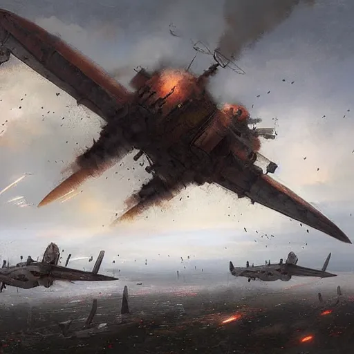 Prompt: huge steampunk aircraft in battle, sky, explosions, dense fog, jakub rozalski