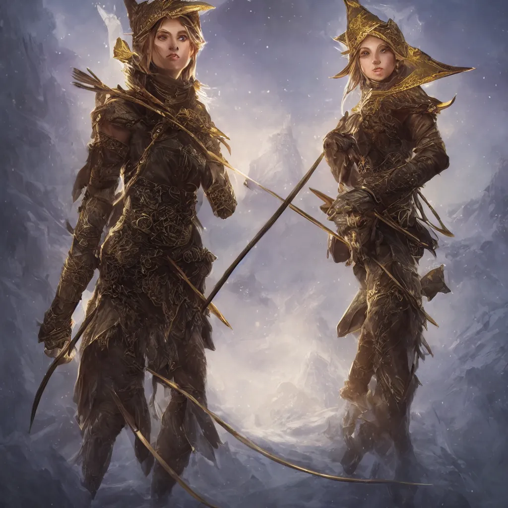 Image similar to Photorealistic fantasy portrait of one single female D&D elf ranger holding a longbow. A pet wolf. Magical occult photorealism, UHD, amazing depth, glowing, golden ratio, 3D octane cycle unreal engine 5, volumetric lighting, cinematic lighting, cgstation artstation concept art