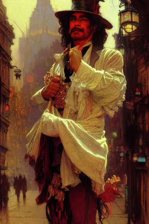 Image similar to honduran immigrant, dressed as a magician. christopher street, nyc, realistic painting by gaston bussiere, craig mullins, greg rutkowski, alphonse mucha