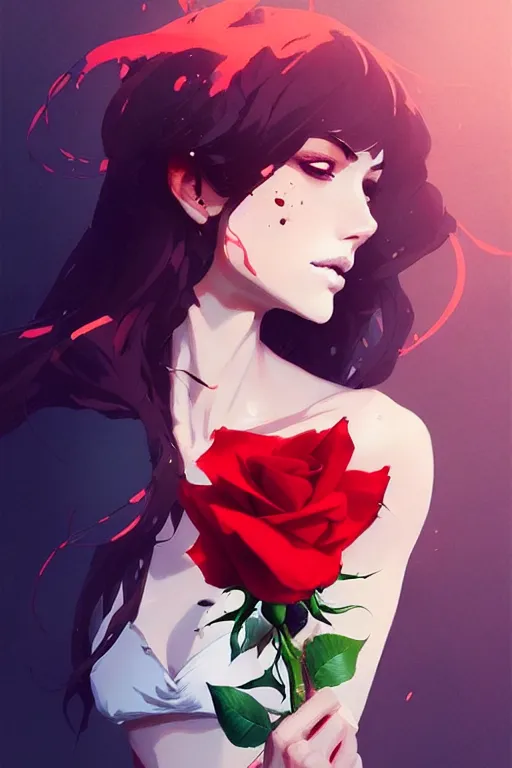 Image similar to a ultradetailed beautiful panting of a stylish woman holding a rose, by conrad roset, greg rutkowski and makoto shinkai, trending on artstation