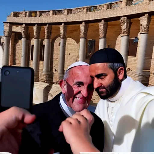 Image similar to Isis taking a selfie with the pope , professional photograph 8000 BC