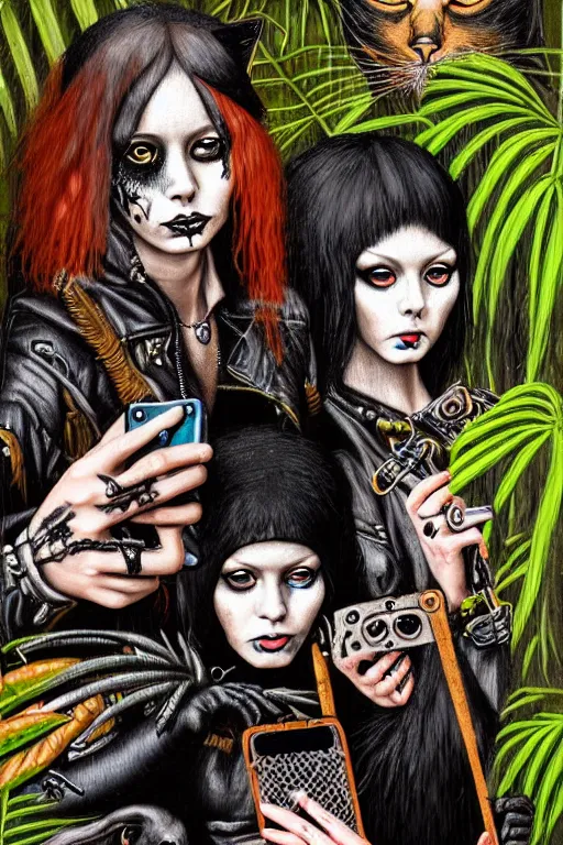 Image similar to punk rock girls making selfie with black cats in jungle , 1980 style, mad max jacket, post apocalyptic, renaissance, Gothic, highly detailed, digital painting, 4k, oil painting by Leonardo Da Vinci, hyper realistic style, fantasy by Olga Fedorova