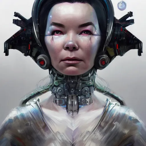 Image similar to bjork as a cyborg, fantasy, portrait, highly detailed, digital painting, trending on artstation, concept art, sharp focus, illustration, art by artgerm and greg rutkowski and magali villeneuv