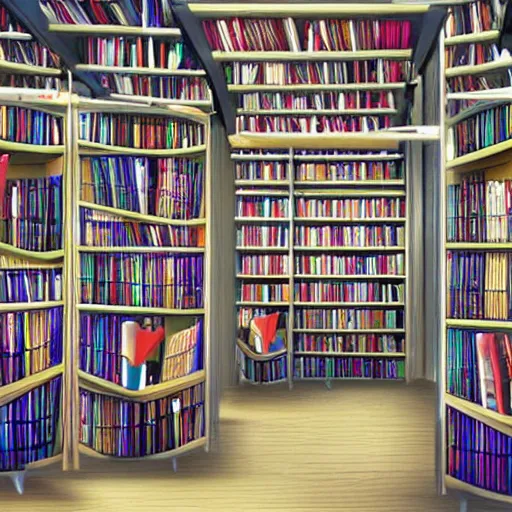 Prompt: infinite library, multicoloured books, photorealistic, librarians