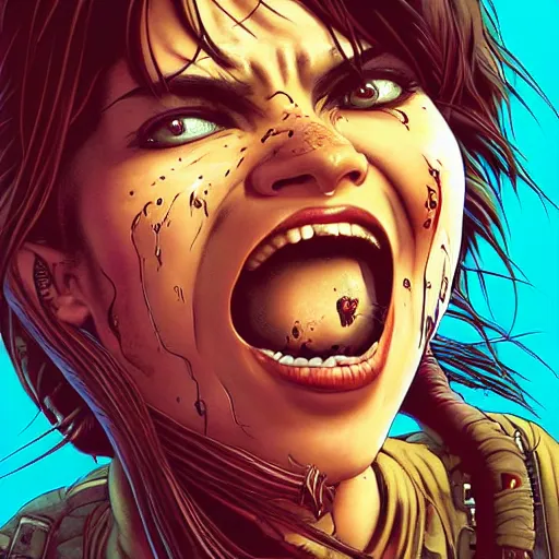 Prompt: portrait closeup of crazy screaming lara croft, symmetrical, cinematic colors, by yoichi hatakenaka, masamune shirow, josan gonzales and dan mumford, ayami kojima, takato yamamoto, barclay shaw, karol bak, yukito kishiro