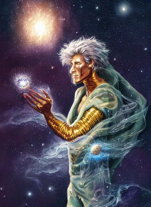 Image similar to high intricate digital paint of the sandman holding a glimmering galaxy, full shot, neil gaiman, maria panfilova, andrea savchenko, mike kime, ludovic plouffe, qi sheng luo, oliver cook, julian calle, eddie mendoza, trending on artstation