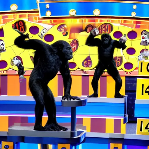 Image similar to apes are contestants on the show the price is right, plinko, the price is right, scanlines old tv, photorealistic