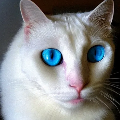 Prompt: “a white cat with blue eyes and is crossed eyed”