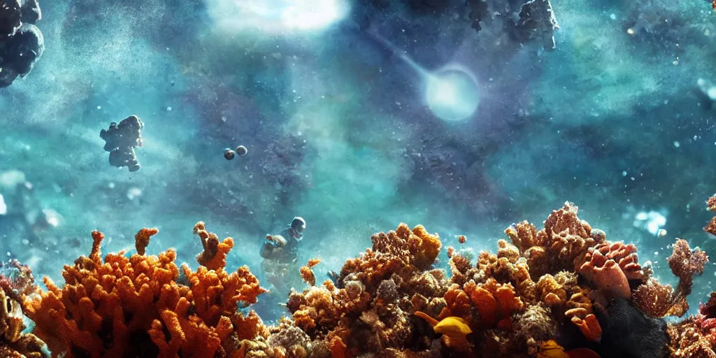 Image similar to astronauts find a coral reef on the moon. 4 k film still image. christopher nolan. in the style of interstellar. colorful corals. magical. lens flare