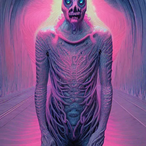 Image similar to Hyperdetailed psychedelic horror fantasy portrait of a vampire by Wayne Barlowe and Beeple, vivid color, album cover,