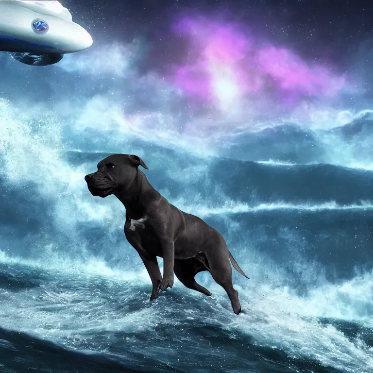 Image similar to photo of a dark gray coat pit bull with a white paws and a white nose!, surfing on a surfboard in a crashing wave of alien galaxy, trending on art station, ocean in space, background is an alien galaxy, aliens in the background, alien colors, octane render, unreal engine, wide view, 8 k, highly detailed