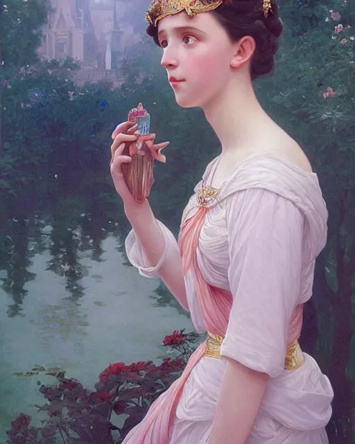 Prompt: a beautiful portrait painting of a shy, blushing princess in a tiara and an iridescent art nouveau gown resembling millie bobby brown watching the lantern festival, intricate, elegant, highly detailed, digital painting, artstation, concept art, by krenz cushart and artem demura and william adolph bouguereau and alphonse mucha